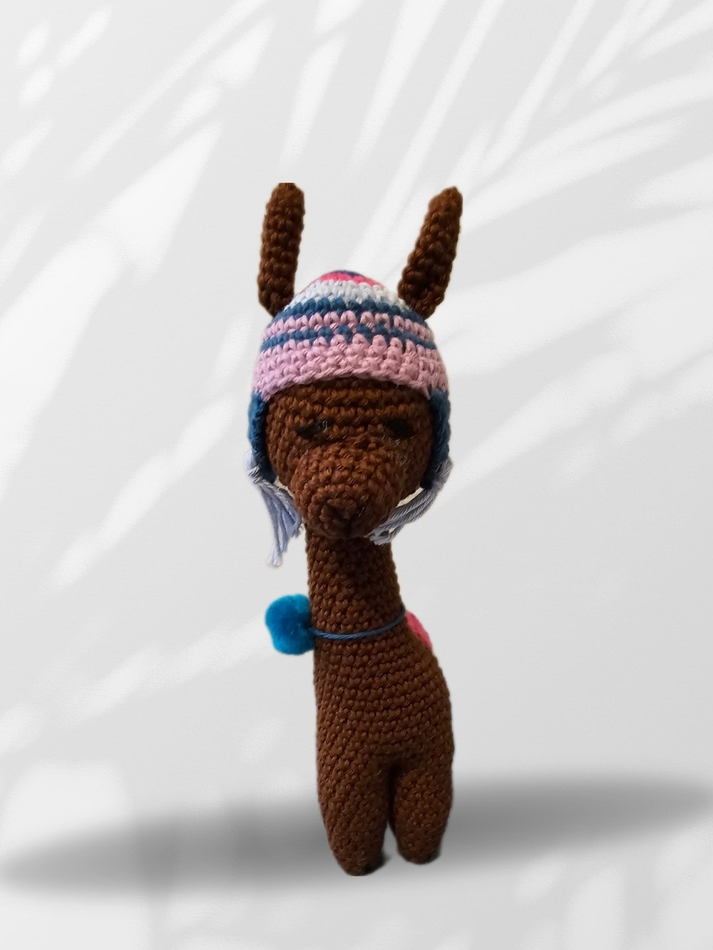 Handmade Brown Crochet Llama Toy with Pink & Blue Hat